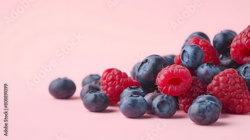 Handful of fresh berries, including blueberries and raspberries isolated on white background. Mixed berry mix for healthy eating or health care