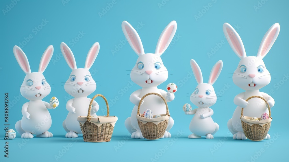 Three-dimensional illustration of standing white Easter rabbits holding wicker baskets, isolated on a blue background. Three-dimensional illustration of standing white Easter rabbits holding wicker baskets, isolated on a blue background.