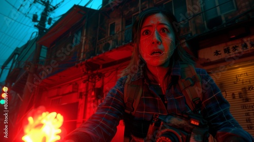 A woman is holding a red object and looking at the camera. The scene is set in a city with a lot of buildings and traffic lights. The woman is in a state of shock or surprise