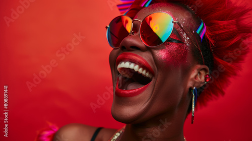 Portrait of drag queen laughing on red background. Gender fluid person dressed as female laughing. Stock Photo photography