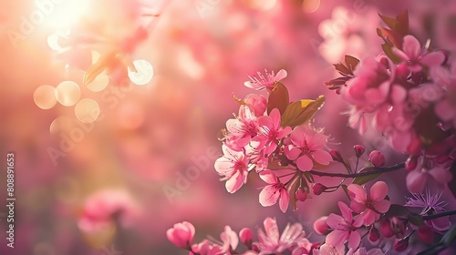 Pink Blossom Border: Spring Background Art, Beautiful Nature Scene with Sun Flare.