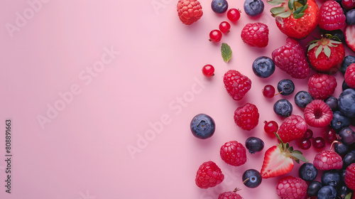 Handful of fresh berries, including blueberries and raspberries isolated on pink background. Mixed berry mix for healthy eating or health care