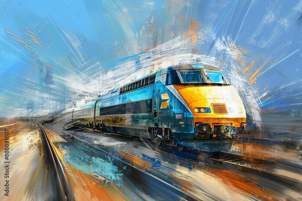 High-speed train speeding along the rails, modern rail transport, digital painting
High-speed train speeding along the rails, modern rail transport, digital painting
