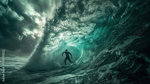 Surfer Surfing Inside Blue Surfer tube rides inside hollow crashing wave over shallow reef. Swimming water perspective of sport photo