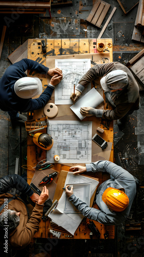 Photo realistic Construction Team Planning Renovation Project, considering modernization while preserving historical value