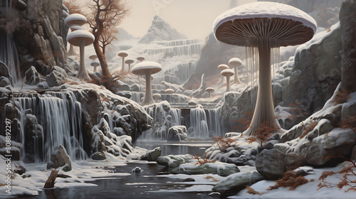 A serene winter scene with agaricus mushrooms peeping through a blanket of snow, with a frozen waterfall in the background. photo