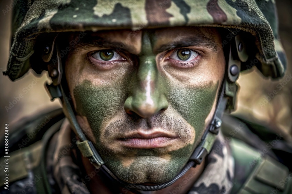 An intimate portrayal of camaraderie and readiness, a close-up of a soldier's face with tactical gear and camouflage paint speaks to the unspoken bonds and solemn duty of military