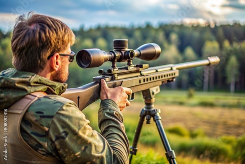 Soldier holding modern powerful sniper rifle with telescopic sight outdoors, closeup photo
