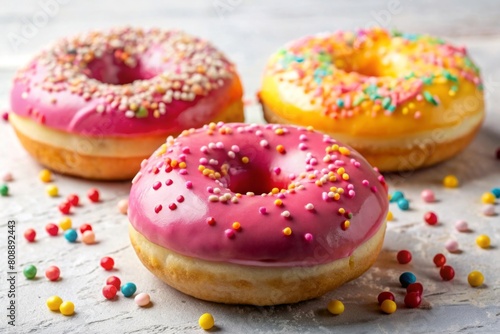 A trio of colorful donuts glazed with hues of pink and adorned with multicolored sprinkles rests on a white surface