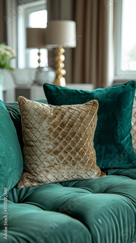 Closeup of green velvet sofa with beige pillows. Scandinavian interior design of modern living room, home, Luxurious Velvet Sofa in a Style Living Room - 4K Wallpaper