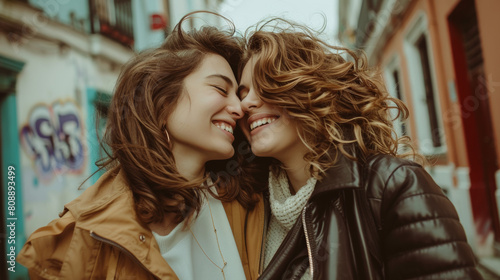 Portrait of lovely lesbian couple spending time together and having fun at the street. LGBT concept. Stock Photo photography photo