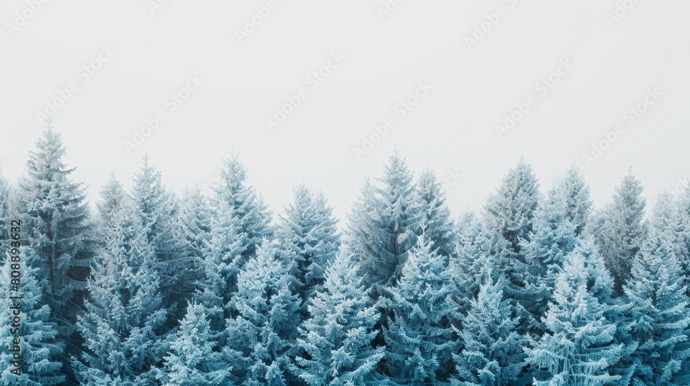Serene and mystical winter forest scene with dense frost-covered trees in a foggy atmosphere Serene and mystical winter forest scene with dense frost-covered trees in a foggy atmosphere