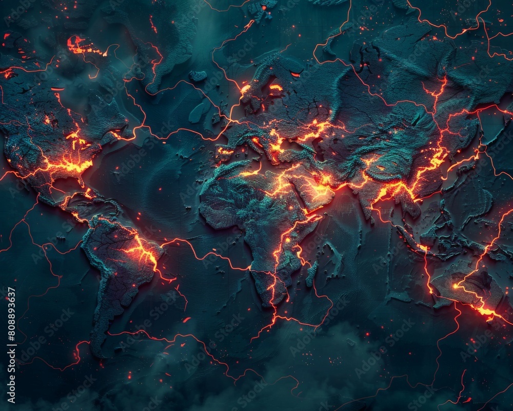 A topographic world map with glowing red fault lines highlighting vulnerable infrastructure, a digital skull cracks across the Pacific Ocean A topographic world map with glowing red fault lines highlighting vulnerable infrastructure, a digital skull cracks across the Pacific Ocean