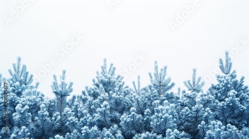Serene and mystical winter forest scene with dense frost-covered trees in a foggy atmosphere