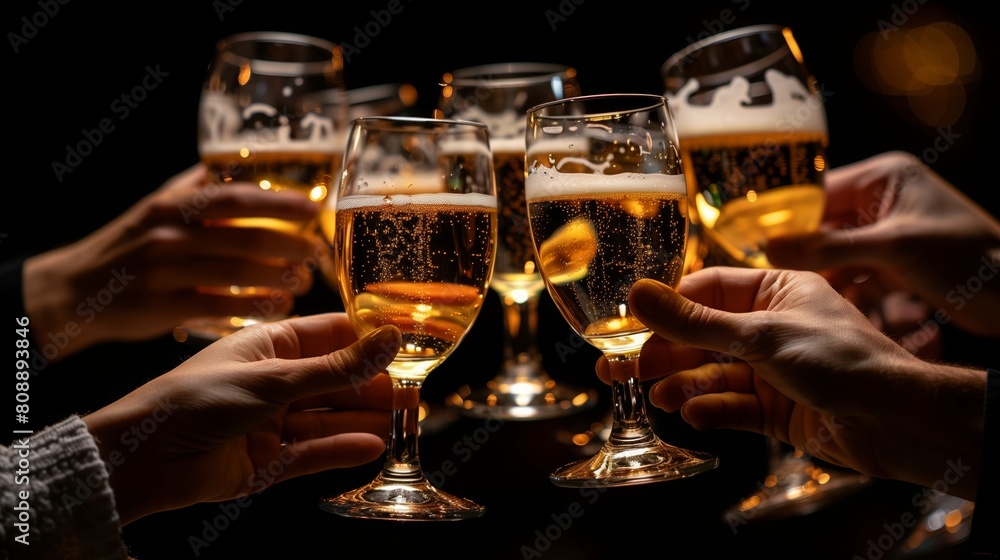 Group of individuals are raising champagne glasses in a toast at an event