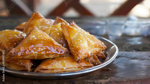 Delicious algerian briks served on a metallic plate, showcasing the glossy pastry exterior typical of this beloved north african cuisine