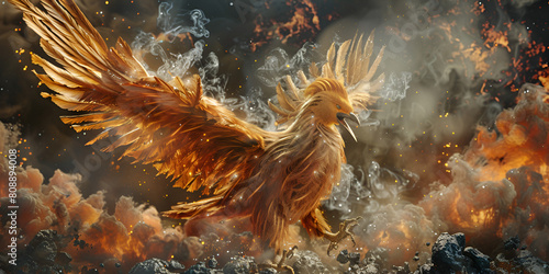 A big bird in the flames of red fire in e roaring mood 