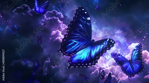 Intricate Butterfly Art: Menelaus Blue Morphs Flying in Dark Purple Sky photo