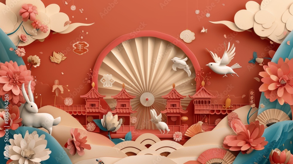 Obraz premium CNY poster with a paper fan with rabbits on both sides and birds on top. Text: Welcome spring.