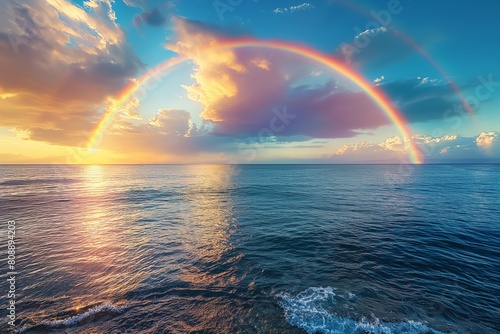 A bright rainbow over the water surface seems to be a magical bridge of color connecting heaven and earth  creating a unique beauty and delight