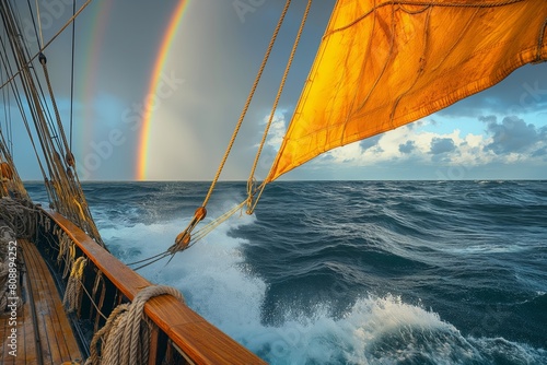 A shining rainbow stretches over the calm water, decorating the horizon after the rain, creating a magical sight from the deck of the ship