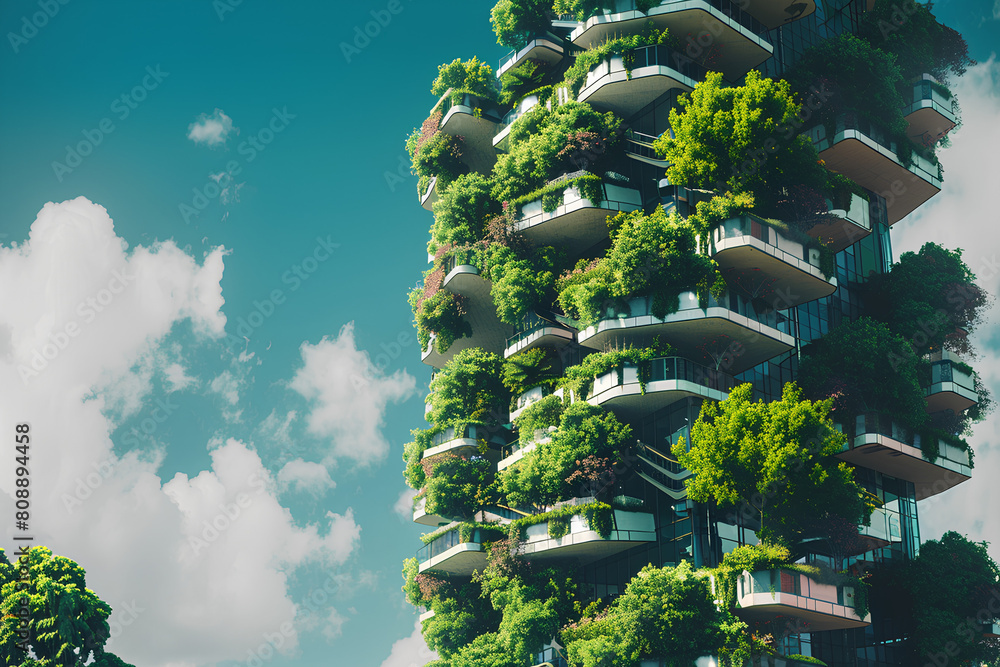 The image showcases a modern building adorned with abundant greenery on its balconies, giving it the appearance of a vertical garden against a backdrop of clear skies.