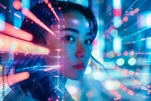 Young Asian Woman in Neon Futurism: Computer Technology Illustration for Modern Projects