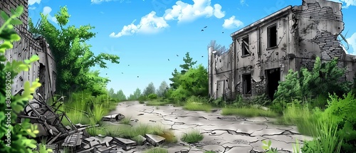 Evoke a sense of mystery and postapocalyptic vibe with a background featuring abandoned warehouses overtaken by vegetation