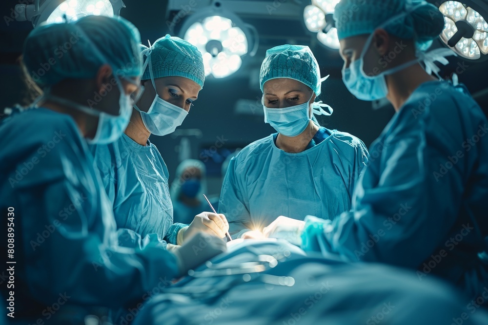 In a professional operating room, a surgical team provides healthcare, clad in protective gear. In a professional operating room, a surgical team provides healthcare, clad in protective gear.