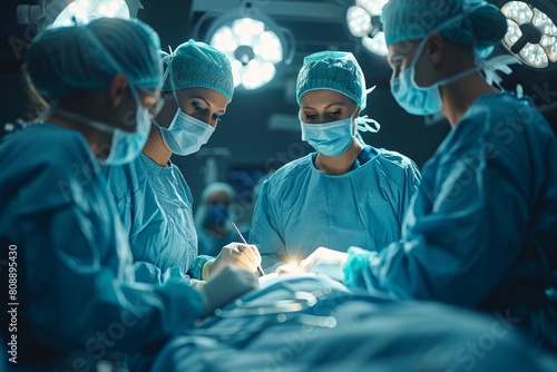 In a professional operating room, a surgical team provides healthcare, clad in protective gear.