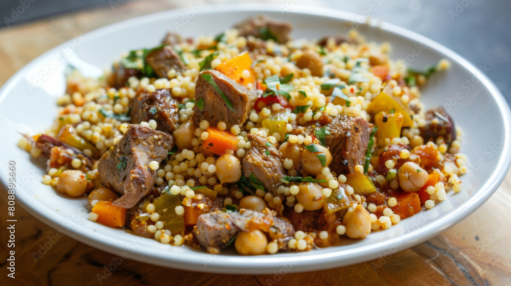 Vibrant plate of algerian couscous with succulent lamb, chickpeas, carrots, and bell peppers, exemplifying north african cuisine's rich flavors