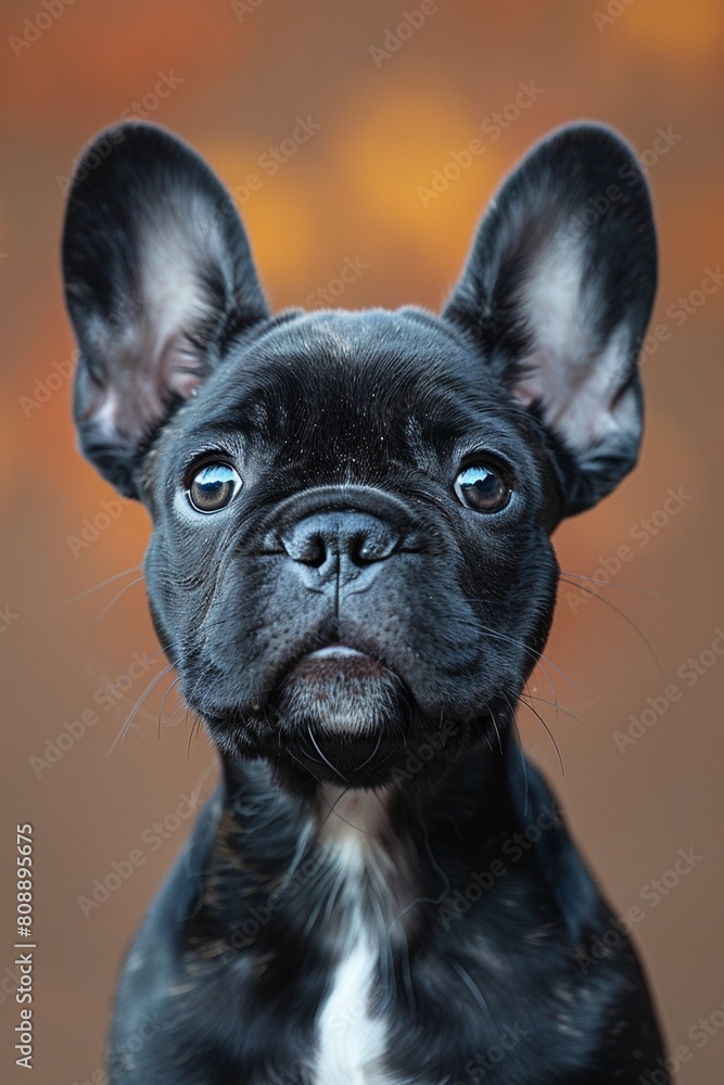 A beautiful French Bulldog puppy with adorable floppy ears sits happily, isolated in a studio.