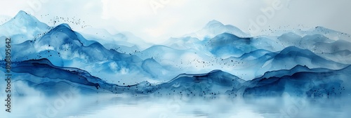 A serene watercolor painting of misty mountains and tranquil waters, capturing the beauty of nature.