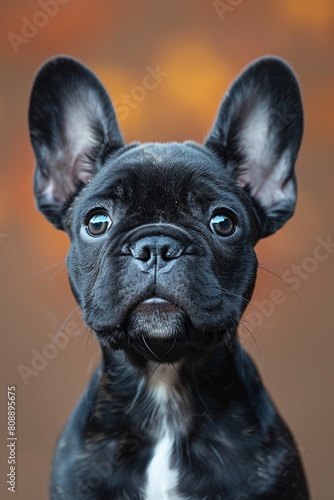 A beautiful French Bulldog puppy with adorable floppy ears sits happily, isolated in a studio. © Iryna