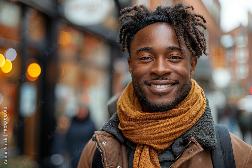 The handsome African man walks through the autumn city, exuding happiness and style. The handsome African man walks through the autumn city, exuding happiness and style.