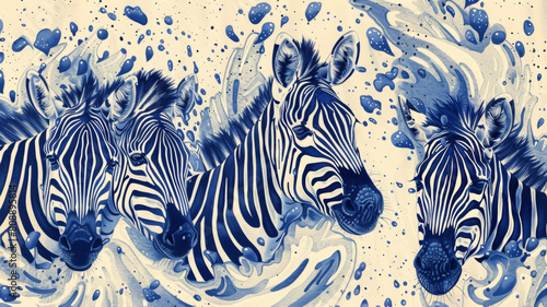 Three zebras are painted in blue and white  with their heads turned to the right
