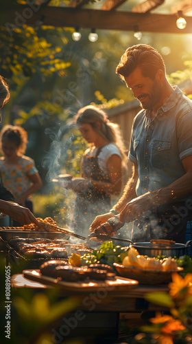 Father's Day BBQ Celebration in the Backyard: Families Gather for a Photo Realistic Grill Master Concept on Adobe Stock