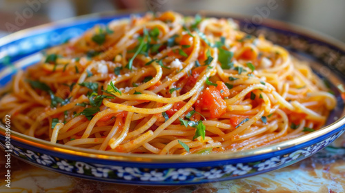 Algerian spaghetti served on a decorative plate with fresh herbs showcases the influence of mediterranean cuisine