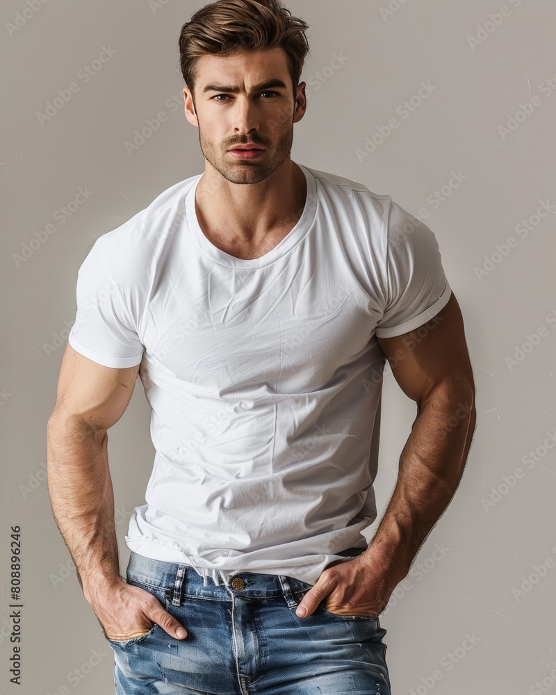 Confident man in white t-shirt. Generative AI. Confident man in white t-shirt. Generative AI.
