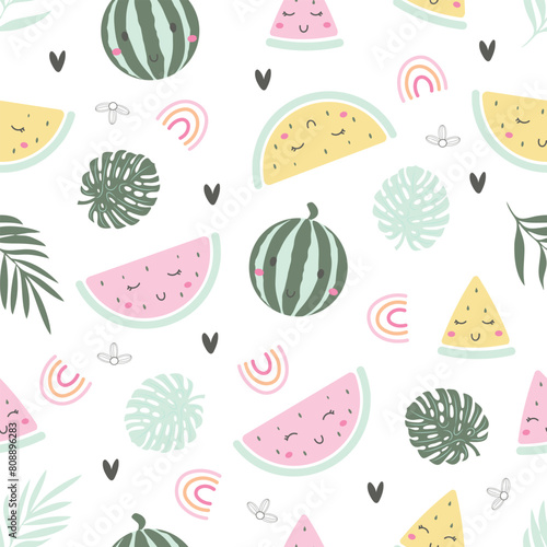 Cute happy watermelon pattern, tropical fruit pattern. For fabric, textile, wallpaper, wrapping paper. Vector illustration © LindaAyu