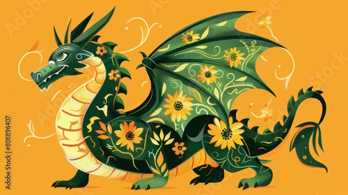 A majestic green dragon is illustrated with floral patterns isolated on an orange background.