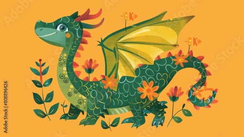 A majestic green dragon adorned with floral patterns isolated on an orange background is illustrated in this illustration.