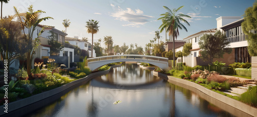 3D rendering of a residential canal with a bridge in Venice Beach, California, featuring tropical plants and palm trees during the daytime in a hyper realistic style. High resolution architectural pho