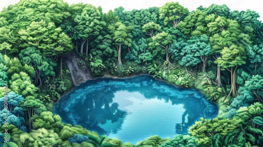 Isometric drawing of a crystal blue lake surrounded by lush forests Isometric drawing of a crystal blue lake surrounded by lush forests
