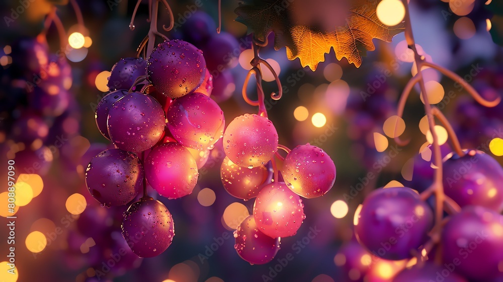 A close-up image of a bunch of ripe purple grapes with water drops on them