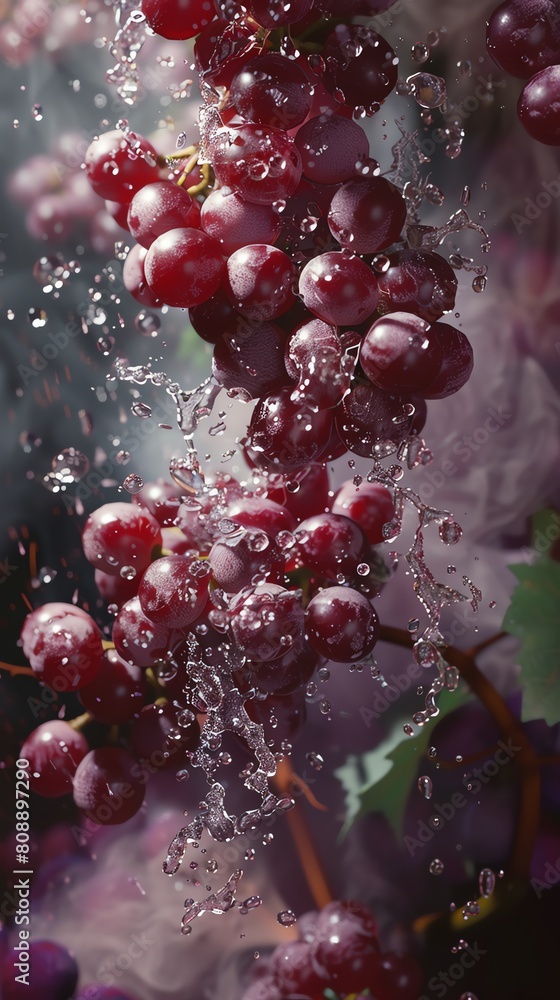 A bunch of ripe red grapes are shown in the image. The grapes are wet and glistening in the light. The background is a dark purple color. A bunch of ripe red grapes are shown in the image. The grapes are wet and glistening in the light. The background is a dark purple color.