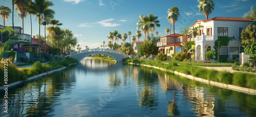 3D rendering of a river with a small bridge in the middle, low grass on both sides, houses along each side of the canal, palm trees and greenery around, blue sky, white arches over the water, hyper re