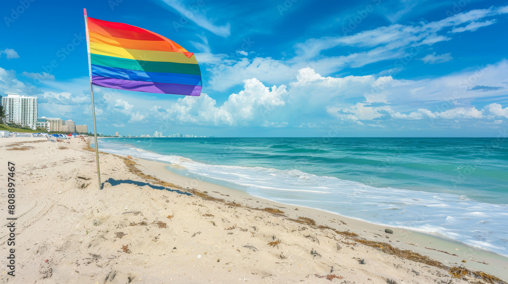 Rainbow flag on a gay beach in Miami Beach, South Beach, 12th street. Florida. USA. Stock Photo photography