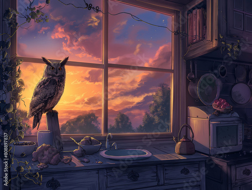 Wild and domestic animals share the beauty of nature, with a cat perched on a roof, and a wolf howling at the moonlit