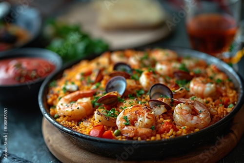 Delicious Seafood Paella with Fresh Shrimp and Mussels